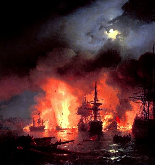 immortart:  Ivan Aivazovsky, Battle Of Cesme At Night, 1848.