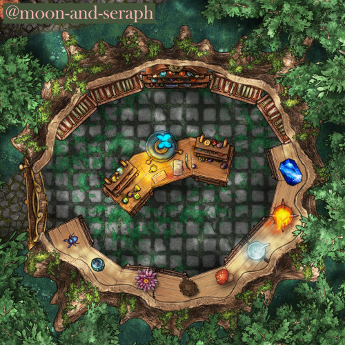 An illustrated top-down view of a hollowed tree trunk. Inside, bookcases line the top wall. In the center is a cluttered alchemist's desk with a blue butterfly balanced on it. Along the right and bottom walls, a long desk contains the following ingredients: a beetle, a glass vial of water, a waterlily, a mound of soil, a red mushroom, a mortar and pestle with ectoplasm, a fiery lantern, and a large sapphire gem. Around the massive tree, normal sized trees cluster in a dense forest.