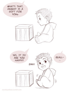 monkeyelbow:  Peter you’re a terrible uncle. Baby Derek and Papa Hale returns!! Only for fun :D 