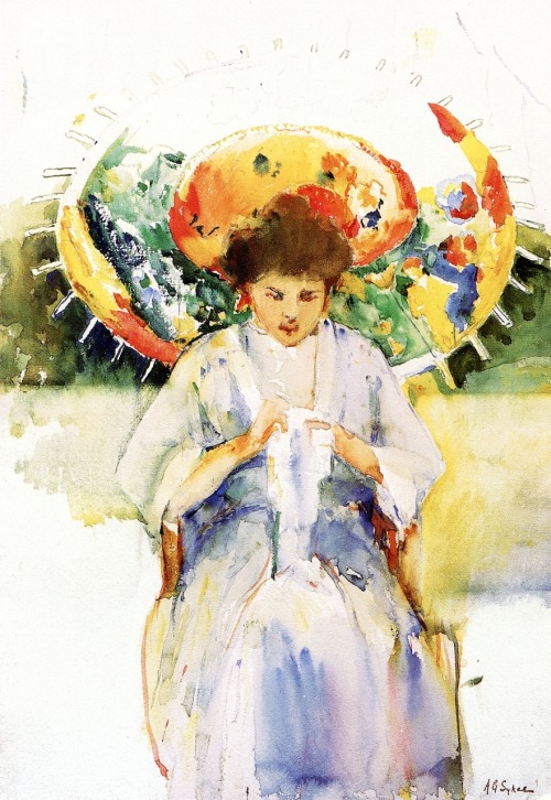  Sewing under a Japanese Umbrella, Annie G. Sykes