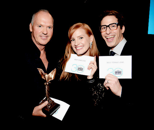 Michael Keaton, Jessica Chastain and Andy Samberg attend the 2015 Film Independent Spirit Awards