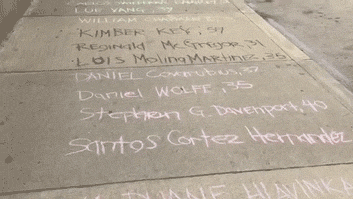 the-real-eye-to-see:  An artist in Baltimore wrote names of fatal victims of the police force along the sidewalk.  She began with victims killed on May 1st of 2013 and wrote every name that was recorded until the present day. Names stretched from Penn