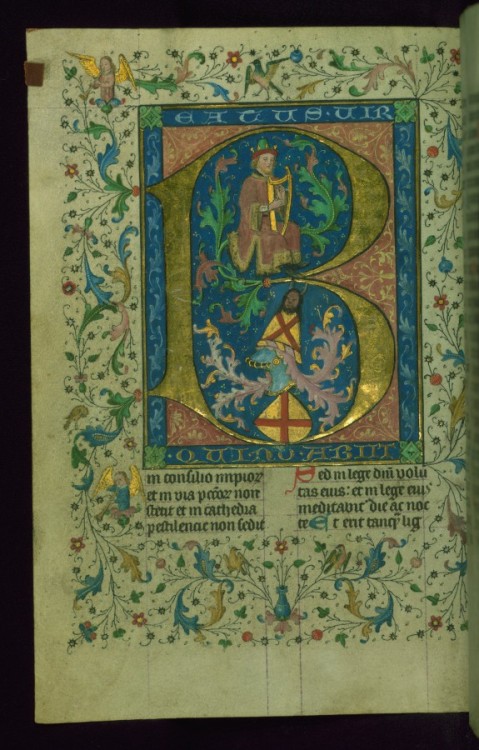 Art of the Day: Leaf from Breviary: Psalm 1, Initial B with David Playing the Harp This small brevia