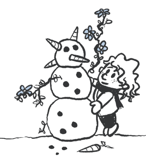 [ID: A Scene Of Four Kids Drawn In A Calvin And Hobbes Style, Playing In The Snow. On The Far Left, A