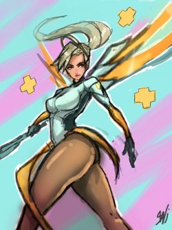 juicyartba:  THIS DRAWING WAS DONE ON A NINTENDO 2DS, LOW QUALITY  Did a quick sketch of mercy from overwatch on my 2DS when my computer was updating… don’t worry I’m in the middle of doing a high quality pic of her as well! ;) 