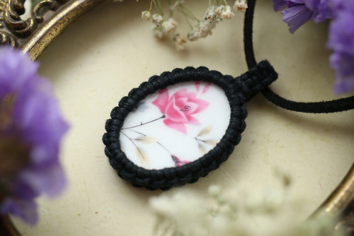 These lovely rose macrame necklaces are made with real vintage porcelain cabochons from the Royal Al
