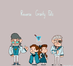 entro-pie:  More of the Reverse Gravity Falls crew!Grampa ‘Gucket with his adoptive grandchildren (he adopted Bud and Preston) Paz and Gideon! The chicken is Cluckles.My idea is that rather than being true “opposites” that this is actually what