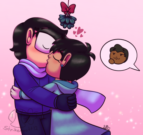 A drawing of Clark Kent and Lois Lane hugging and kissing under the mistletoe with their eyes closed and also blushing. They're wearing winter outfits (Pictured here: Clark is wearing a blue coat, dark blue pants, dark blue gloves, and a light blue scarf, while Lois is wearing a light teal coat with turquoise accents, and she's wearing light cream gloves too) and they're in front of a pink gradient background with white sparkles on the bottom. There are also some heart doodles on top of Clark and Lois too. On the right is a speech bubble containing Jimmy Olsen with a smug/pleased cat-like expression.