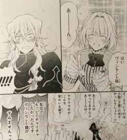 lilyginnyblack:  OMG! Is this in the Pandora Hearchu Booklet!? I really want that booklet now. Anyway, here is a translation of this omake:Panel One:Ada: “Here, Master Vincent. Say ‘A———h &lt;3″Panel Two:Vincent: !!!!Panel Three:Ada: “You…you