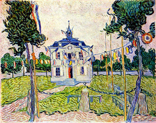 artist-vangogh:  Auvers Town Hall in 14 July 1890, Vincent van GoghMedium: oil,canvashttps://www.wikiart.org/en/vincent-van-gogh/auvers-town-hall-in-14-july-1890-1890