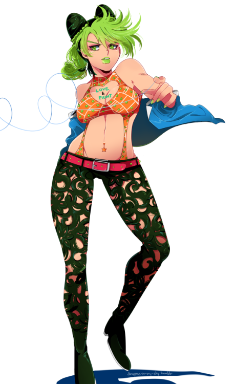 dragons-in-my-sky:My top 5 favorite outfits from Stone Ocean. I really want to cosplay all of them, maybe one day when I get hella buffヾ(´＾｀ヾ)))read jojo manny