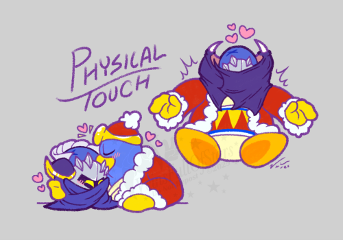 [Physical Touch] TOP: Dedede sitting on the floor, startled when Meta Knight lands on his shoulders and playfully curls his wings around the king’s head, presumably nuzzling or being otherwise affectionate. BOTTOM: Dedede leaning over to kiss Meta Knight on the temple, the knight curled in his cape, a little flustered but mostly happy.