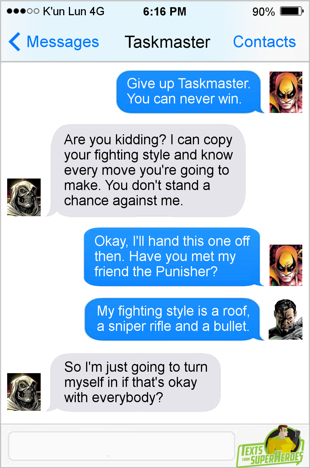 textsfromsuperheroes:  The Best Of The Defenders On Texts From Superheroes (No Show