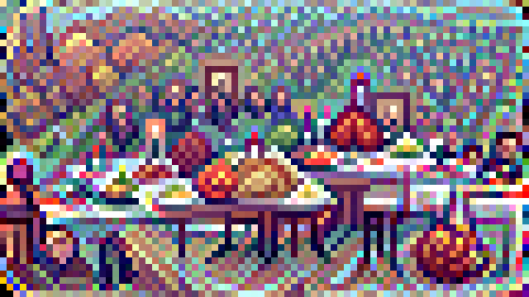 Pixelated scene with brown and orange balls of food (with the occasional green and yellow) on white tablecloths. A crowd of people look on in the background, and the landscape falls away to rolling hills with autumn leaves. It is both comforting and highly disconcerting.