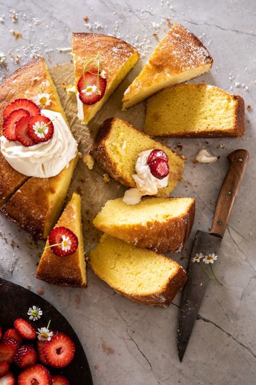 sweetoothgirl:strawberry chamomile olive oil cake with honeyed ricotta