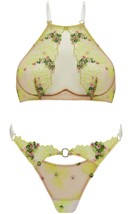 martysimone:Edge o’ Beyond | Jaz • high-neck halter bra + thong in fluo French embroidery + delicate