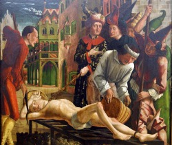 Michael Pacher (c. 1435, Bruneck, Sudtyrol - 1498 Salzburg); The Martyrdom of St. Lawrence, c. 1480; oil on panel, 102 x 99 cm; Alte Pinakothek, Munich