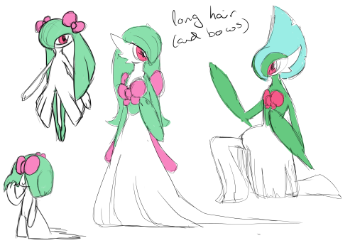 nsupremdrawings:  Ralts family variations~People usually train the warrior breed to obtain  powerfull   and combatant Gallades, but even Gardevoir can be used very efficiently in physical combat. This subspecie is active and violent and it is not