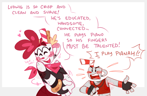Digital artwork of Cuphead and Val (OP's cupsona). Val has their fingers tangled and in front of her lap, shoulders raised while they swing their hips, giggling to herself. She is blushing, small hearts near her head. Cuphead is in the background, exasperatedly jutting a finger into his chest, shouting towards her with his other arm stretched out.
Val: Ludwig is so crisp and clean and suave! He's educated, handsome, connected... He plays piano so his fingers *must* be talented!
Cuphead: *I* play pianah!!