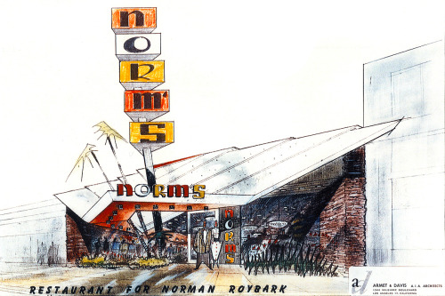 Design layout for Norm&rsquo;s Restaurant; by Armet and Davis, Architects; Los Angeles, 1951.