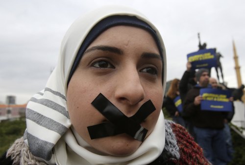 yahoonewsphotos:  Photos of the day - February 27, 2014 Children cool off in Singapore, a protester, with her mouth taped, takes part in a protest against the detainment of Al Jazeera journalists in Egypt, Asiatic lion Shiva, the mother of three cubs,