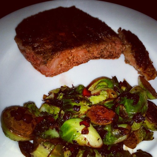 Cast iron strip steak. Brussels with garlic, pepper, and red onion. #castiron #skillet #garlic #stea