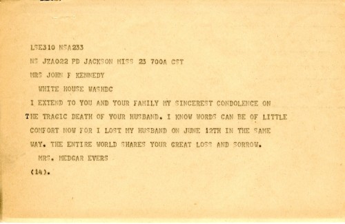 ourpresidents: Condolence letter to Jacqueline Kennedy from Myrlie Evers Williams, widow of the assa