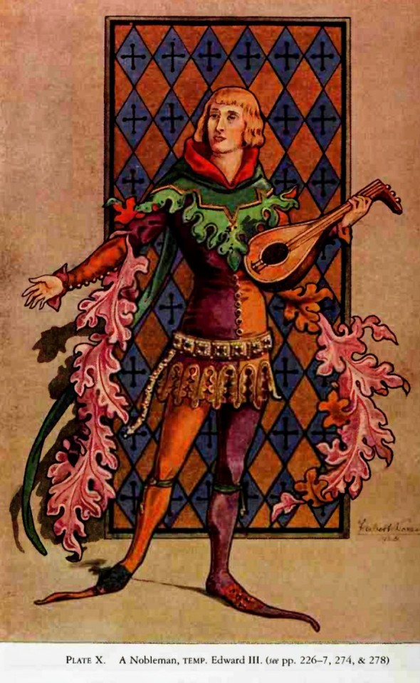 Color plate of a 1340s nobleman wearing long garters extravagantly shaped like vines flowing from his sleeves.