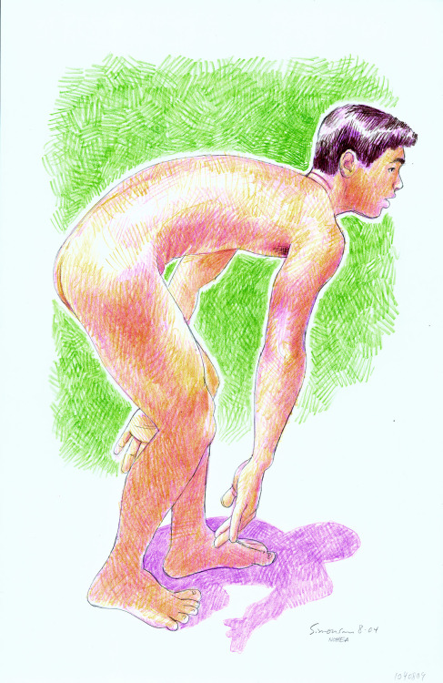 Nude Surfer Getting Up, colored-pencil drawing by Douglas Simonson (2004). Douglas Simonson web