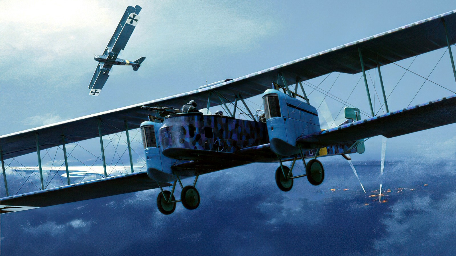 pinturas-gran-guerra-aire:1917 Gotha over LondonA large bit of artistic license here, it’s impossible to depict a night scene with realistic light levels, but the Gotha bombers are so impressive I will give this one a pass, just imagine someone