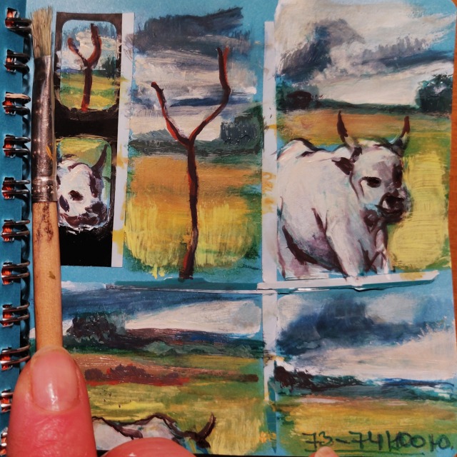 #the100dayproject2022 days 73-75. Acrylic sketching of cow and rural landscape by Yulia A. Korneva #the100dayproject 2022 giorni 73-75. Paesaggio rurale e ritratto della mucca con acrilico stile macchiaioli 100-дневный проект дни 73-75. Живопись акрилом.