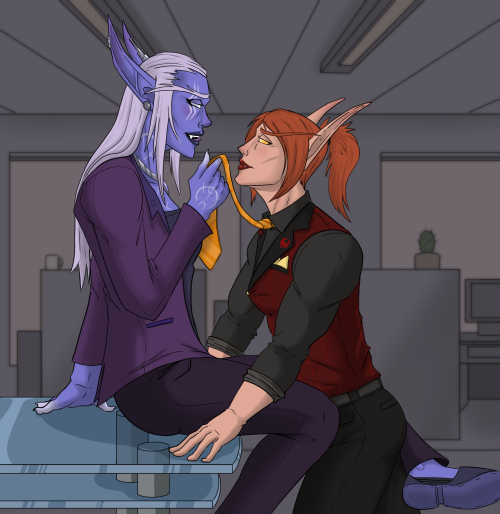 Liadrin and Thalyssra breaking some office rules or something I dunno more suit theme