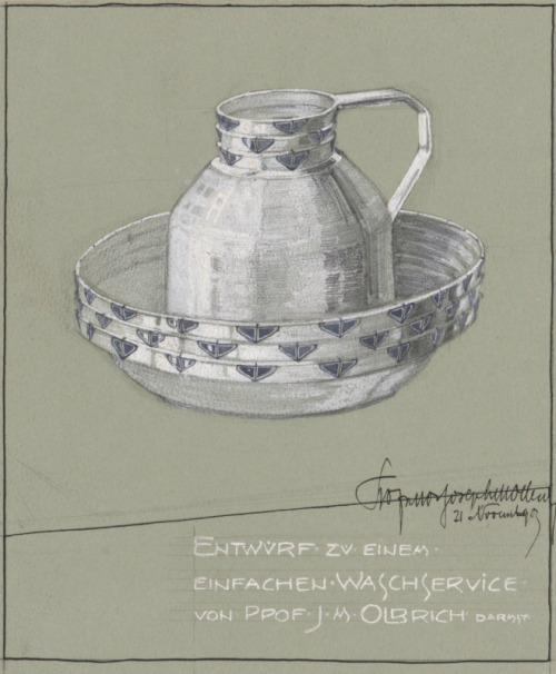 Joseph Maria Olbrich, design for a washbasin and jug &amp; final result, 1903. Made by Villeroy &amp