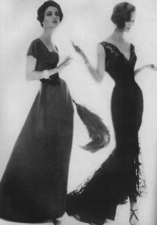 theniftyfifties:  Photo by Lillian Bassman for Harper’s Bazaar, November 1956. Evelyn Tripp on the right. 