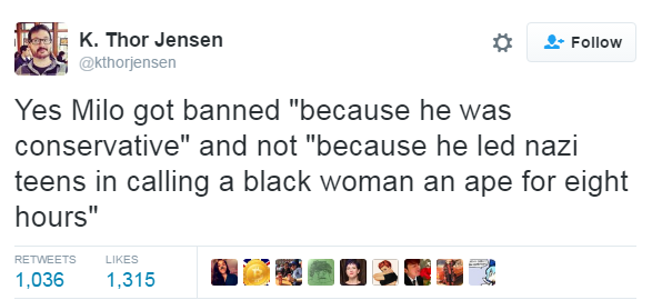 destinyrush:  bellaxiao:  nevaehtyler:  I’m so happy this racist douchebag Milo