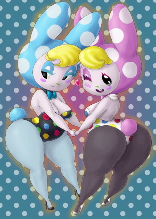 soubriquetrouge:  Bunnies upon bunnies upon bunnies. Worked with hoshime on the color scheme for these two. And a safe post what is the world coming to? Gif entirely by her, just wanted to post it with these gals.   cuties~ ;9