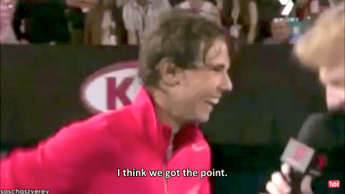 saschaszverev:Random Cute Moments (1/?) : Rafa’s english is a little…. aggressive post-match. 
