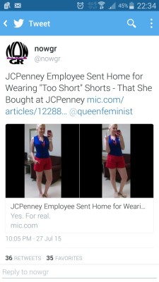 onlyblackgirl:  thedarkenedelf:  benjiscloset:  wow  The JC Penny dress code specifically prohibits shorts.  Some jobs allow them, but this is not one of them.She was told she could go home and change and come back.  She chose to quit.Must be nice to