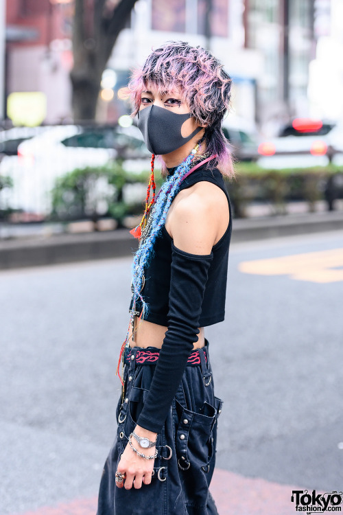 Japanese hair stylist Isana on the street in Harajuku. He&rsquo;s wearing a Never Mind the XU crop t