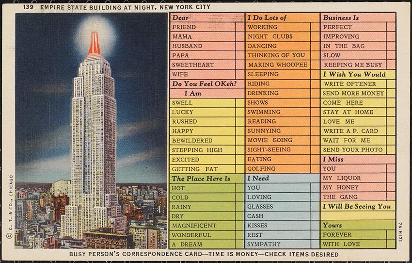 Empire State Building “Busy Person’s Correspondence” Postcard (via)