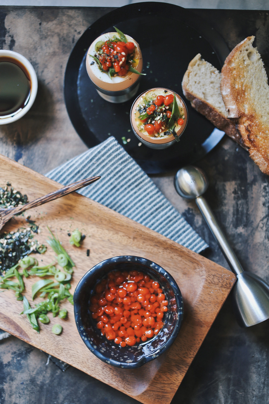 dinexdesign:  RAMEN-INSPIRED SOFT BOILED EGG WITH SRIRACHA CAVIAR - Recipe Via dinexdesign.com