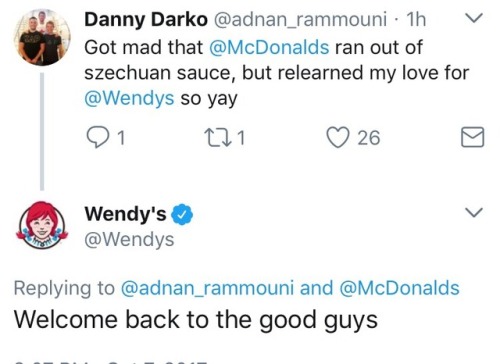 grimphantom2: coonfootproductions:  saltikitti: McDonalds basically scammed a bunch of people with their Szechuan Sauce, Wendy’s is taking full advantage of it, and I am LIVING This is extra funny to me because I too went to Wendy’s after not getting