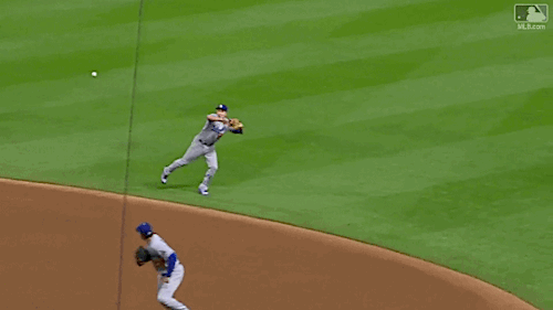 gfbaseball:  Chase Utley makes a diving catch on a line drive which at the time helped preserve Rich Hill’s perfect game.  Poor Rich Hill gave up one hit, a walk-off solo home run to Josh Harrison in the tenth - August 23, 2017