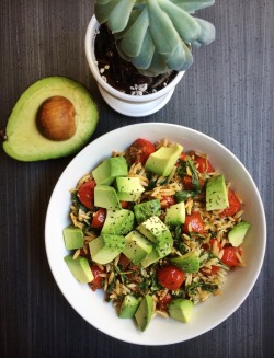 kate-loves-kale:  My lunch ft. one of my plant babies 🌱🌱🌱 Orzo with pesto, burst cherry tomatoes, arugula, soy chorizo, and a handful of chopped avocado (because why not). This was really easy and super satisfying 👅☺️ 