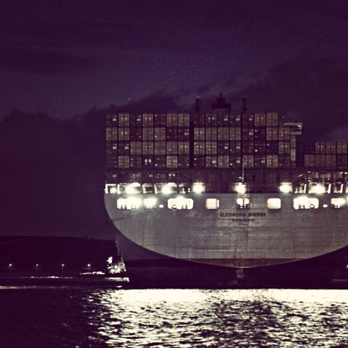 maerskline:  Eleonora Maersk at night in the Port of Aarhus #maersk #container #vessel #aarhus #night #reflection