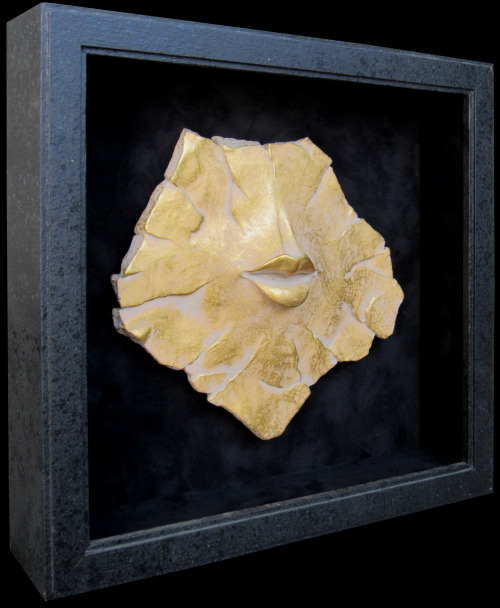 BREAKING UP: LIPQUAKE - cast & carved plaster, metal leaf, black faux suede shadowbox, wood, gla