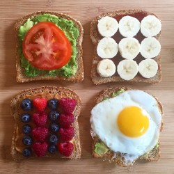 blogilates:  Made some Ezekiel toast this morning! Which one do you want to try?  1. Avocado with tomato 2. Cranberry jelly with banana 3. Peanut butter with blueberries and raspberries 4. Avocado with egg.  Yummmmyyyy!!!!