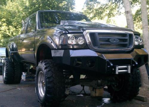 ponies-n-stuff:  1995 Ford Ranger Stepside that ended up being something completely different. The builder (Billy Diesel) converted the truck to a 7.3L twin turbo diesel v8, added stacks, lifted it a bit, converted the front end to a newer Ranger, then