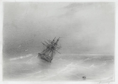 High Seas.Pencil heightened with chalk on paper.13 x 18 cm.Art by Ivan Konstantinovich Aivazovsky.(1