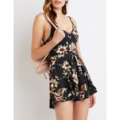 Charlotte Russe Floral Ruffle-Trim Romper ❤ liked on Polyvore (see more ruffle rompers)